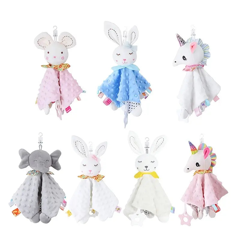 These adorable animal inspired minky fabric security blankets are all the rage for your little angels. All equipped with teether, soft minky fabric with sensory touch, and a top loop for hanging on a stroller, crib etc...