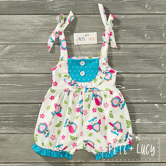 "Your little one will be the cutest in this Happy Owl Girl's Infant Romper! Featuring an adorable floral and owl print, with charming polka dot accents on the leg and chest. The adjustable tie top straps and snap crotch make it a practical and playful choice for your happy baby. (Quirky, fun, and oh so cute!)"