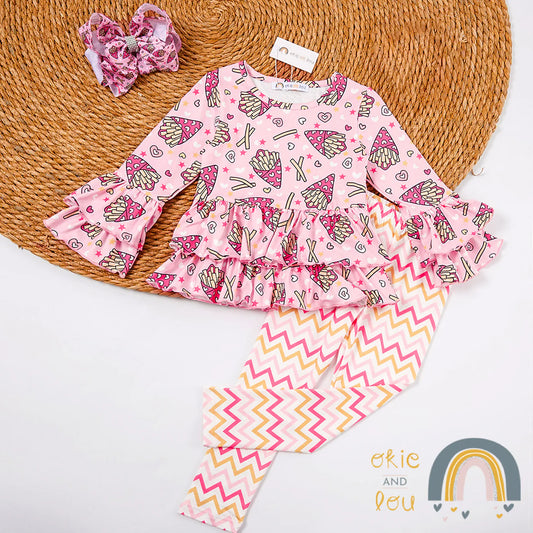 Embrace your love of snacks with this Crazy for Fries 2-piece pants set! Featuring an adorable French fry print design on the top and multi-color zig zag print pants. This set is perfect for your little fry fan. Plus, its jewel neckline, long sleeve layered ruffle cuff and hem accent on the top is so complimentary to the straight cut garterized waist pant. Oh so comfy and stylish. Now that's what we call a tasty treat!