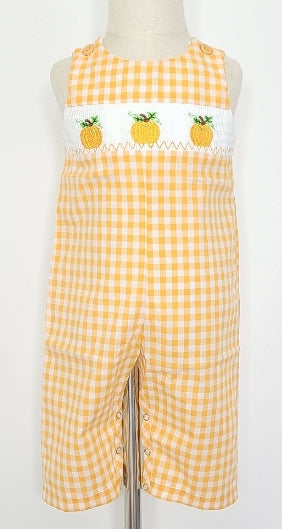 This Pumpkin Smocked Boys Jon Jon Romper is perfect this fall. Crafted from an adorable orange and white gingham print, it features smocking across the chest with embroidered pumpkins and a button top for easy dressing. 🎃