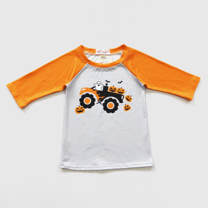 This Monster Truck Halloween Raglan is anything but spooky! Featuring a festive monster truck print with ghosts, bats, and pumpkins, this shirt is sure to keep your spooky style on point! So don your raglan and hit the road in style this Halloween!