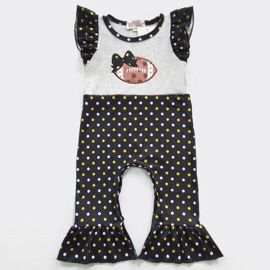 Nothing says game-day quite like our Game-day Infant Girl's Romper! With its adorable flutter sleeve, football applique with bow, and black print with shimmering silver and gold dots, your little one will be the cutest fan in the stadium! Don’t forget the 🏈!