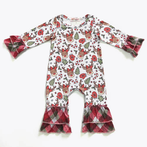 This festive reindeer plaid romper is a cute and cozy way for your young girl to show her holiday cheer! With double ruffled cuffs at the wrists and ankles, she'll be ready to take on the winter season in style. Plus, with the matching sibling sets, your whole family can be holiday chic! 🦌