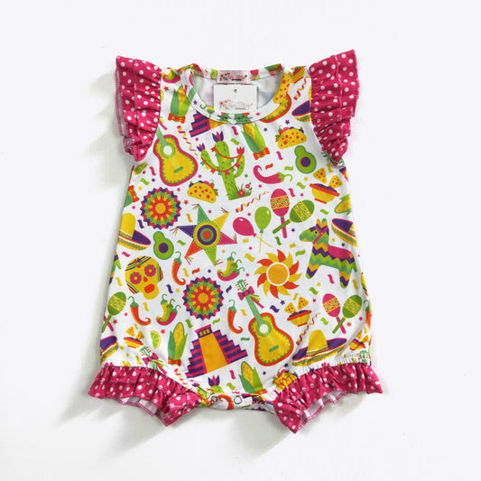 Get ready to fiesta with this playful and vibrant infant girl's shorty romper! Featuring a fun fiesta print and hot pink polka dot fabrics, this romper will have your little one looking adorable. With flutter ruffle sleeves and legs, and a convenient snap crotch, this romper is perfect for any fiesta-loving baby.