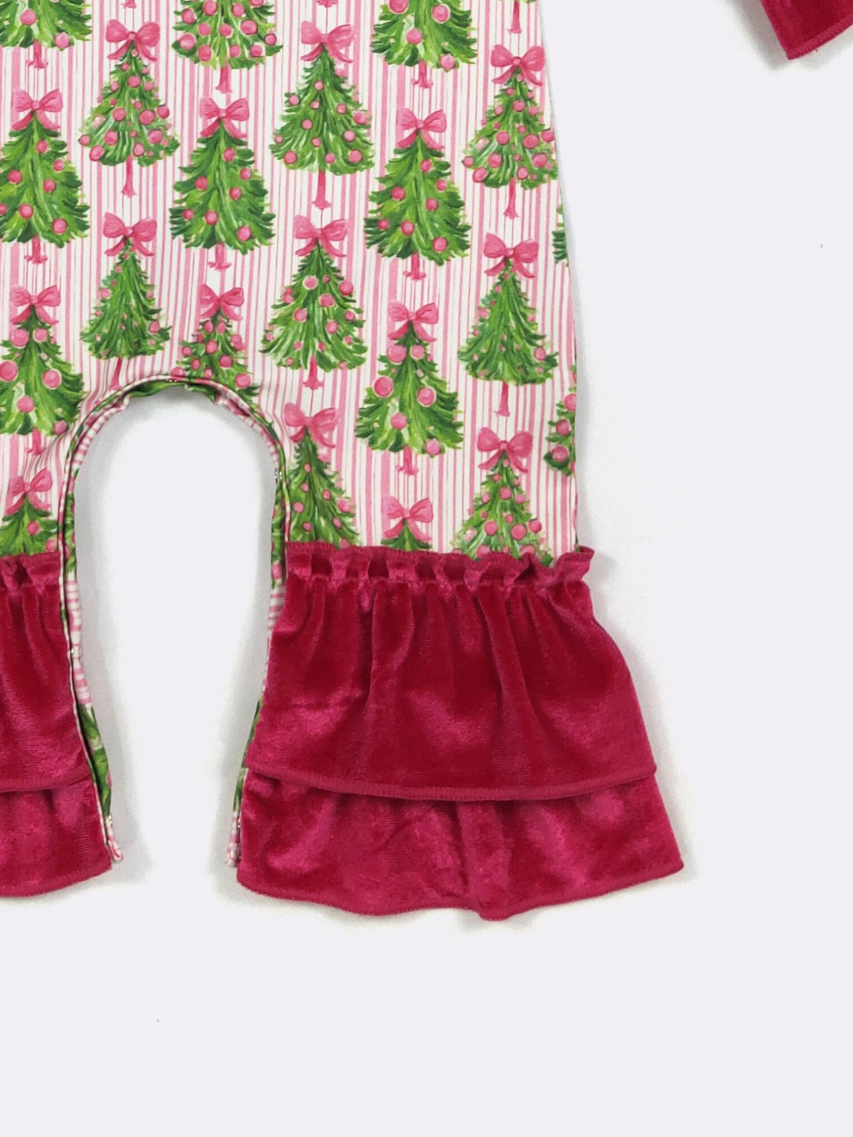Evergreen Stripes Double ruffle velvet romper