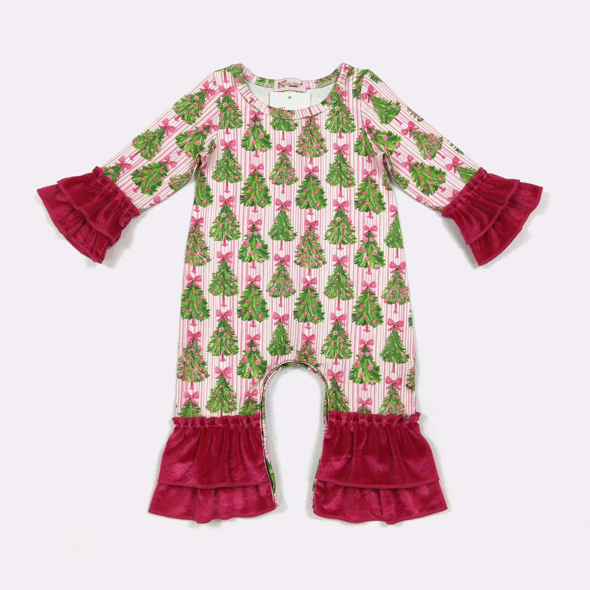 Evergreen Stripes Double ruffle velvet romper