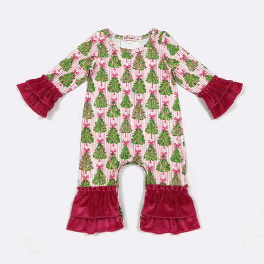 Evergreen Stripes Double ruffle velvet romper