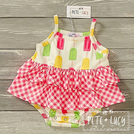 It may be hot, but your little one will be cool as a Popsicle at their next summer barbecue in this Popsicle Party Ruffle Bubble Romper! With its adorable Popsicle and checkered prints, sleeveless design and tiered skirt accents — this romper is sure to make a splash! Plus, practical features like a snap up for easy changing and garterized leg-hole make it as comfortable as it is cute!