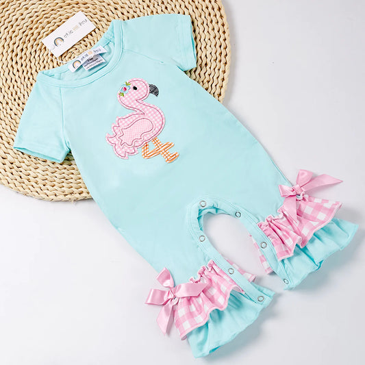 Your little girl will be summer-ready in an instant with this Feisty Flamingo Romper! Rocking a pink-and-white check flamingo applique with matching check print ruffle at the hem, This romper is on point! The snap closure makes it easy to whip off for a quick diaper change - so you can get back to living your Palm Beach chic life in no time! 