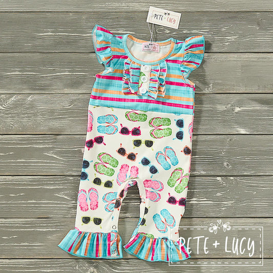 Your little cutie is ready to rock the streets in this adorably stylish Flip-Flop Romper! With its jewel neckline, flutter sleeves, and an adorable ruffle & button accent, she'll be the coolest one around! Make sure she looks sun-sassy in this one-piece wonder - summers never looked so good!