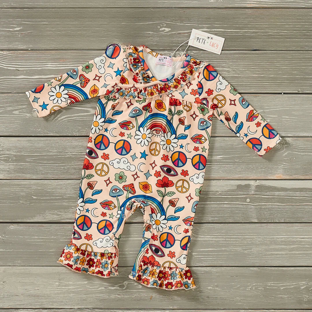 Introducing the Flower Child Girl's Romper – bright and cheery and sure to get your little one some peace, love and good vibes! Featuring colorful peace signs, flowers and rainbows, this one-piece romper is sure to turn heads. With a wrap neckline, long sleeves and layered ruffle hem bottoms, you'll be able to dress your baby in style - and the snap up closure makes it easy to get changed. Be cool, be groovy, and get your little one an outfit that's truly outta sight!