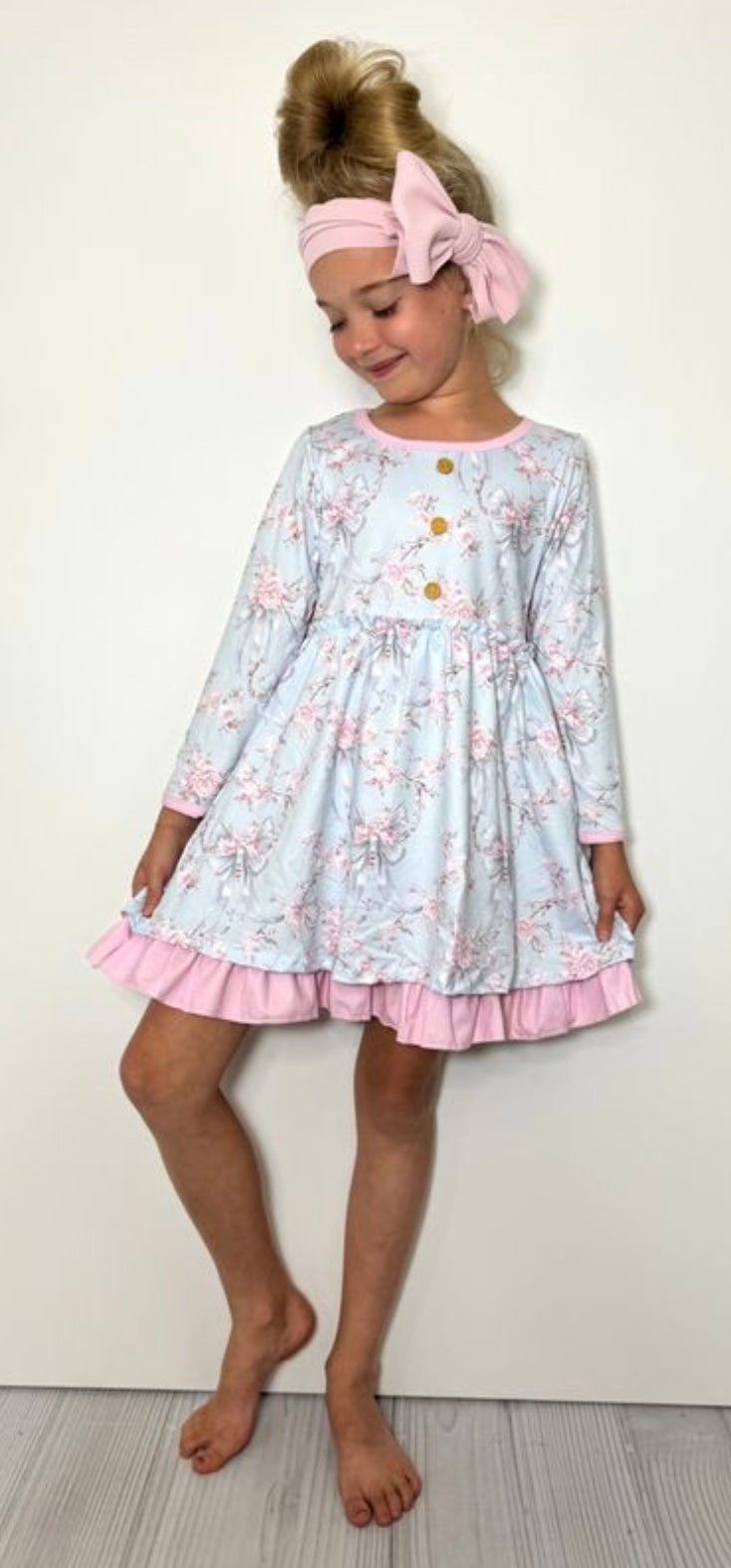 Blue Rose and Hint of Pink Long Sleeve Dress