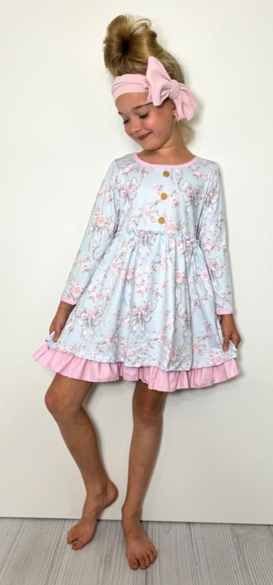 Blue Rose and Hint of Pink Long Sleeve Dress