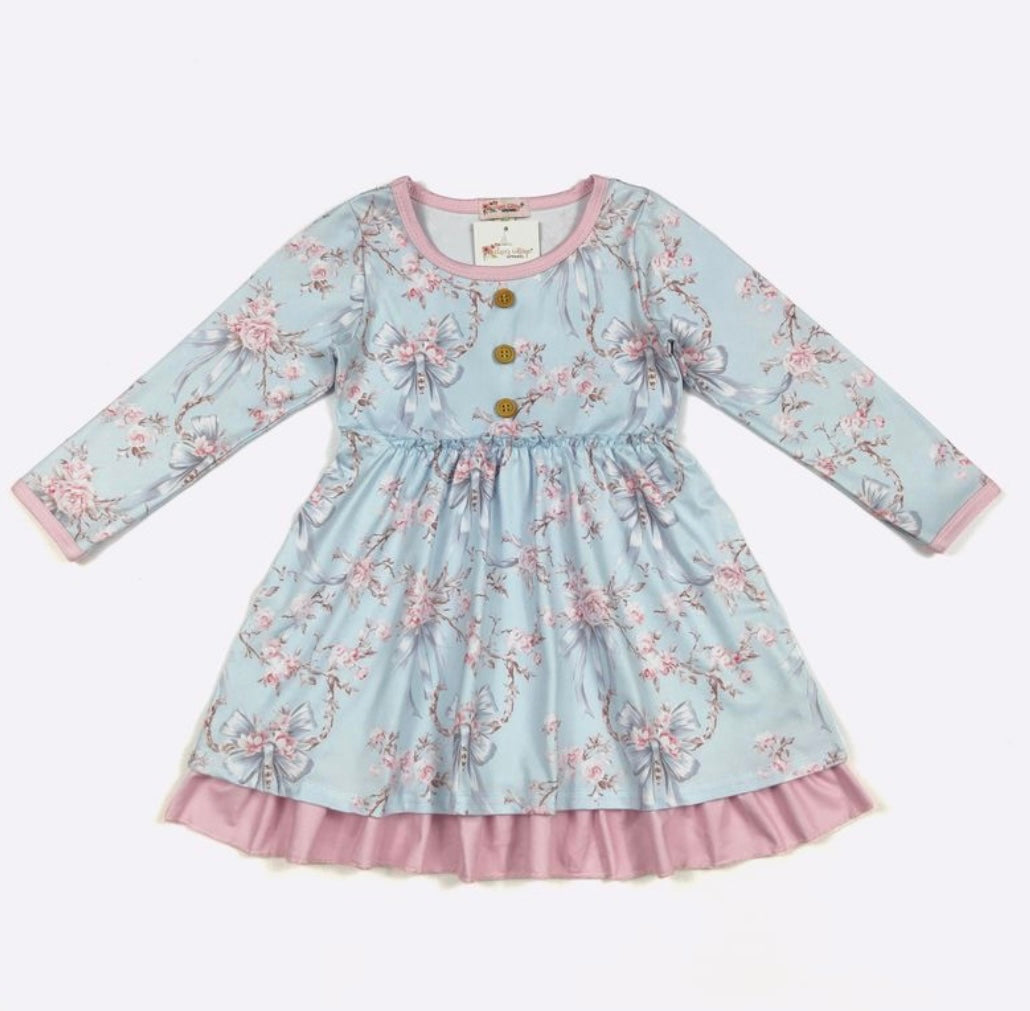 Blue Rose and Hint of Pink Long Sleeve Dress