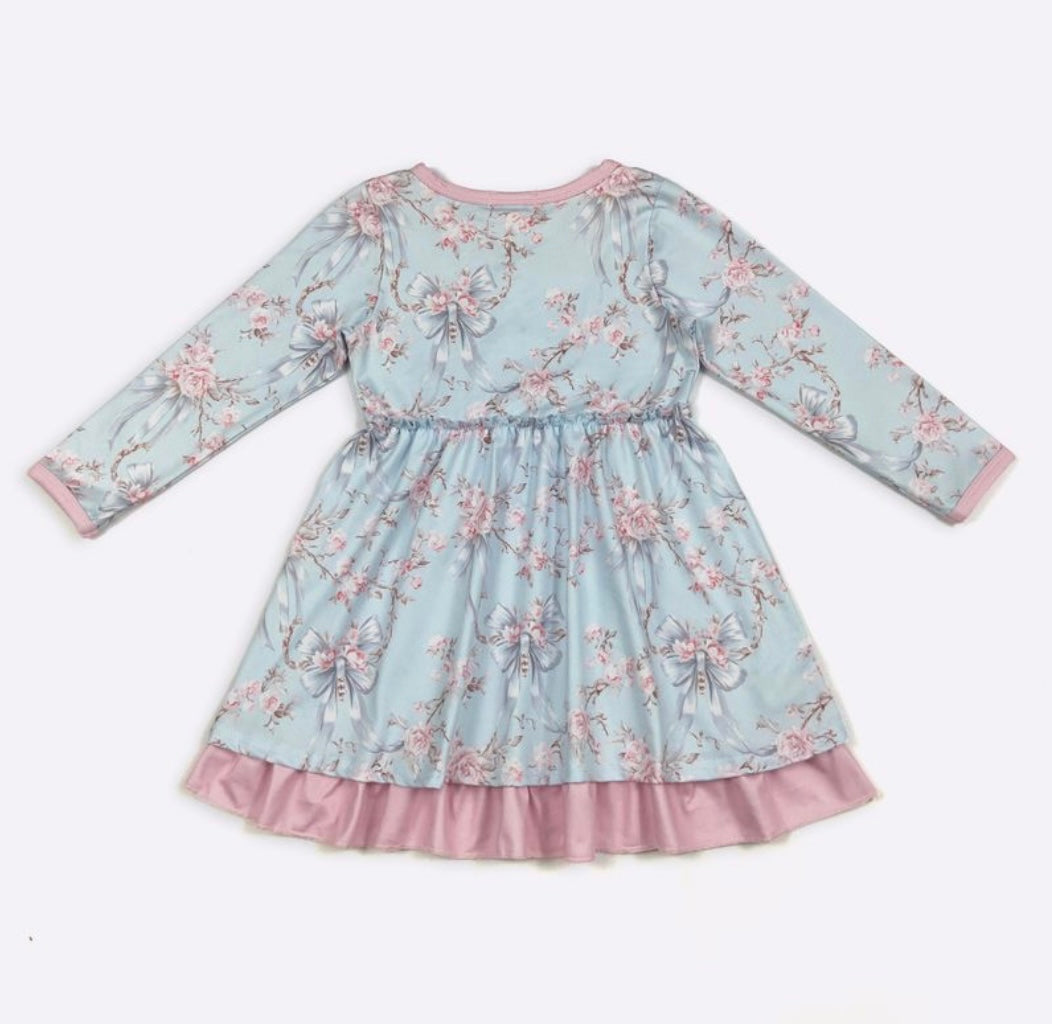 Blue Rose and Hint of Pink Long Sleeve Dress