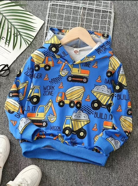 Keep your little guy warm and stylish in this bright blue hoodie! Crafted from super comfy fabric featuring construction vehicle print in yellow, orange and black, this hoodie is sure to be a hit with your kiddo (even if it's not quite time to get their hard hat on). Get those building tools out and into fashion!