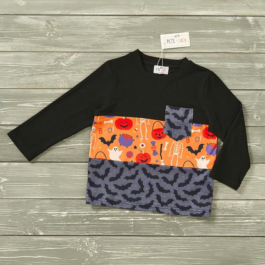 Get your kiddo ready for Halloween in this 🎃 No Tricks-Just Treats Boys Long Sleeve Shirt! Loving the multi-patterned design and fun bat patterned pocket on the chest, they'll be looking extra spook-tacular (and irresistibly cute!). Treat yourself and your mini-ghoul to this frightfully fun shirt! 🧛‍♂️ Pre-order item, will ship early October.