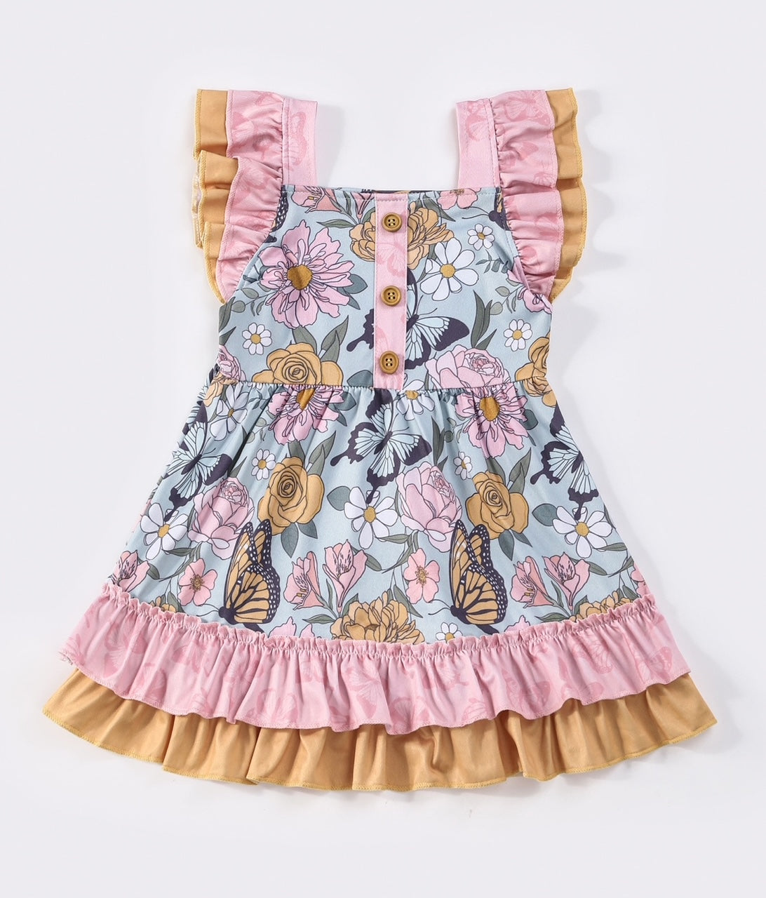 Aqua Butterfly Garden Flutter Sleeve Dress