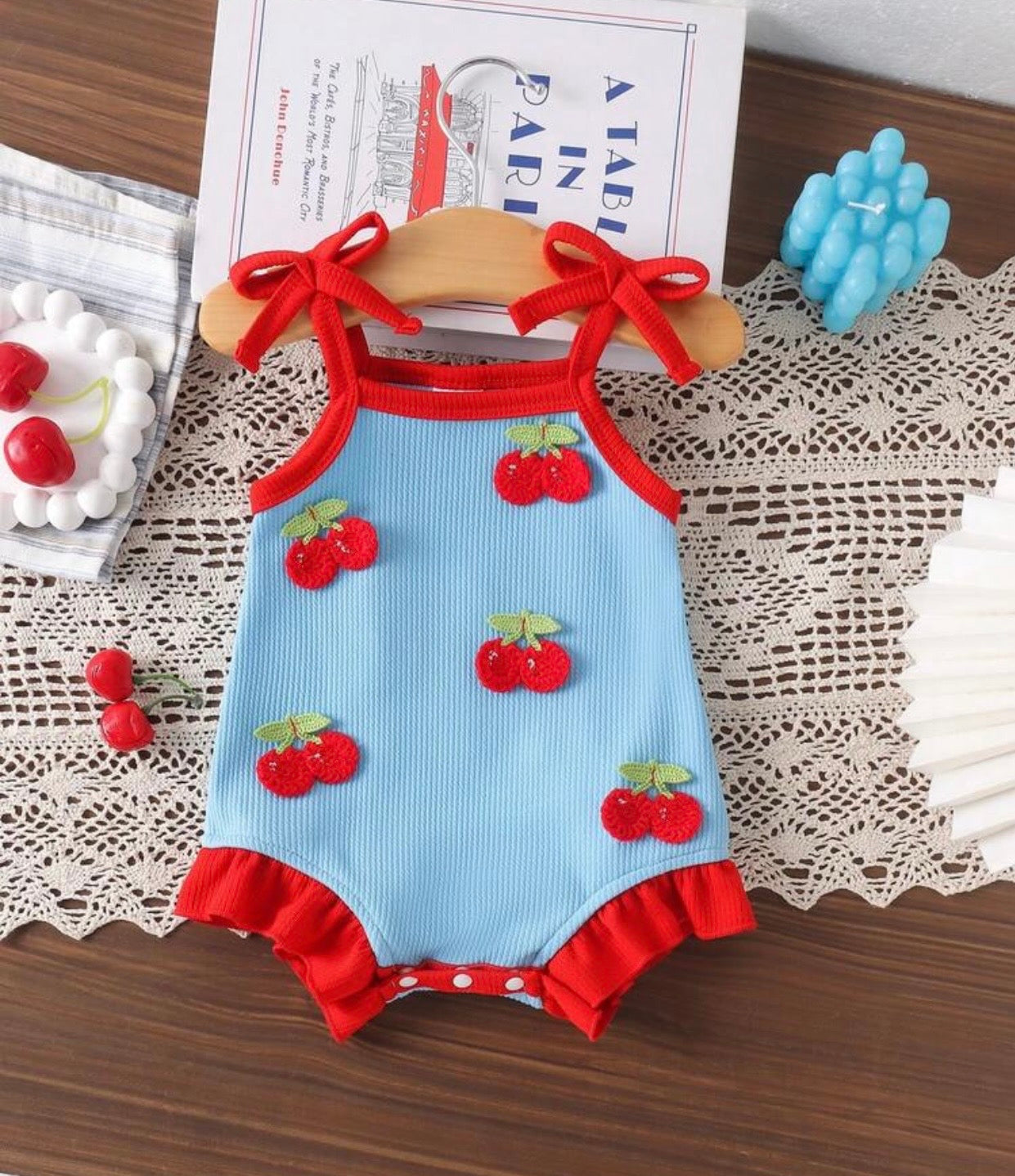 Blue Cherry Tie Shortie romper