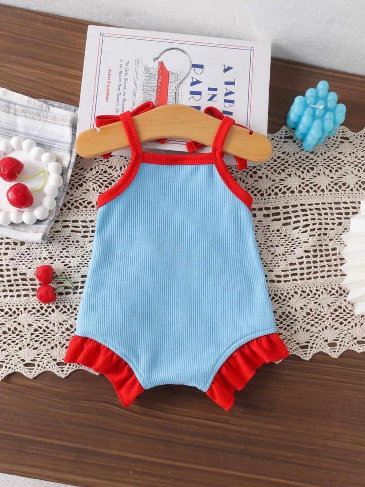 Blue Cherry Tie Shortie romper