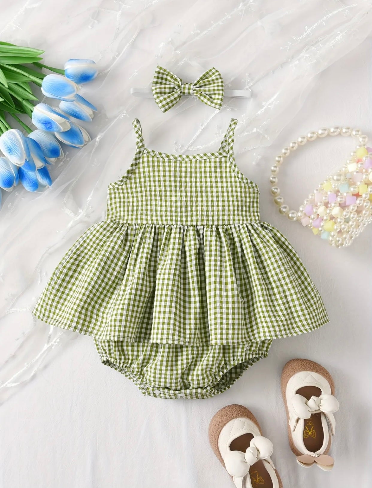 Girlie Green Gingham Skirted Bodysuit and Headband