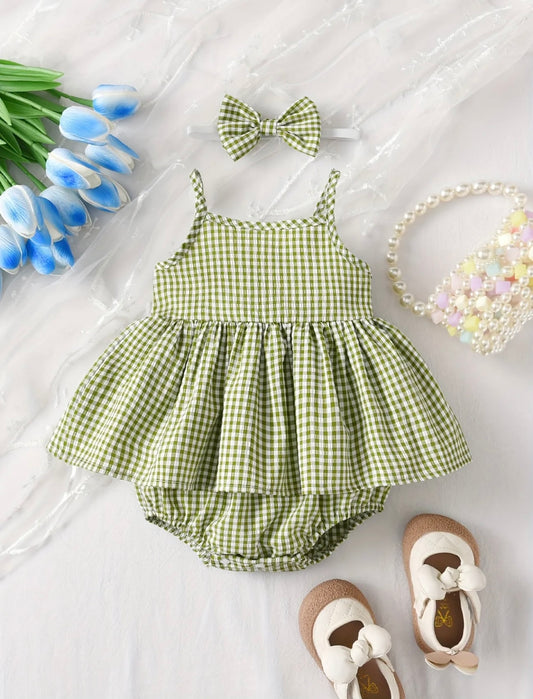Girlie Green Gingham Skirted Bodysuit and Headband