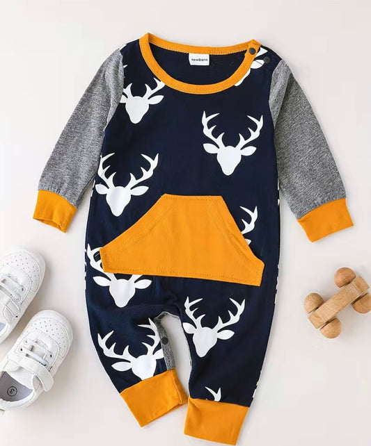 Rock the forest with this Deer-ly Loved Long Sleeve Romper! Featuring an oh-so-adorable deer head print on royal blue fabric and cozy grey long sleeves. The orange accents are a perfect addition. Your little one will look as cute as a button in this outfit. Plus, they can tuck away secrets in the super-snug kangaroo pocket!