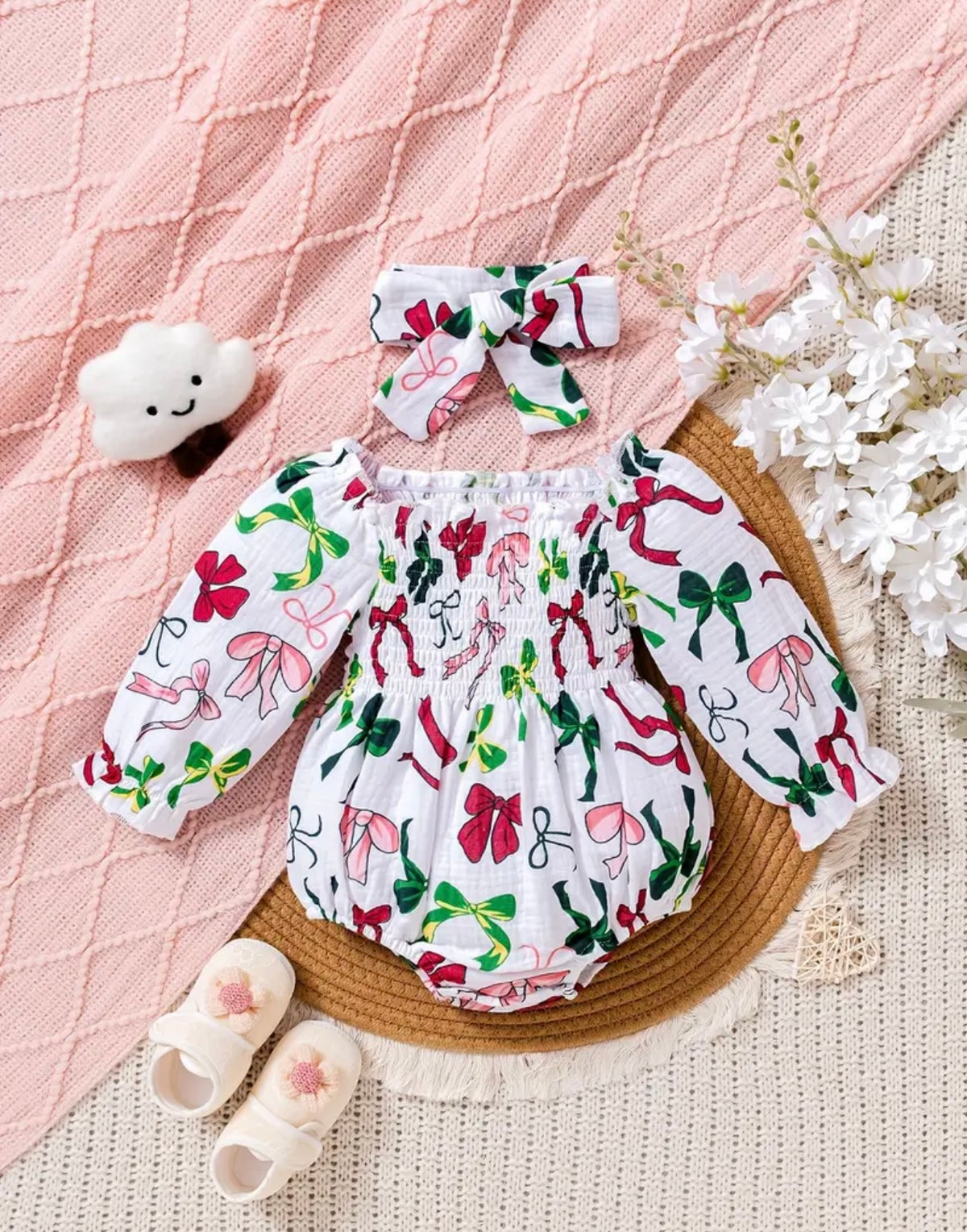 Holiday Bows-Girl's bubble romper and headband