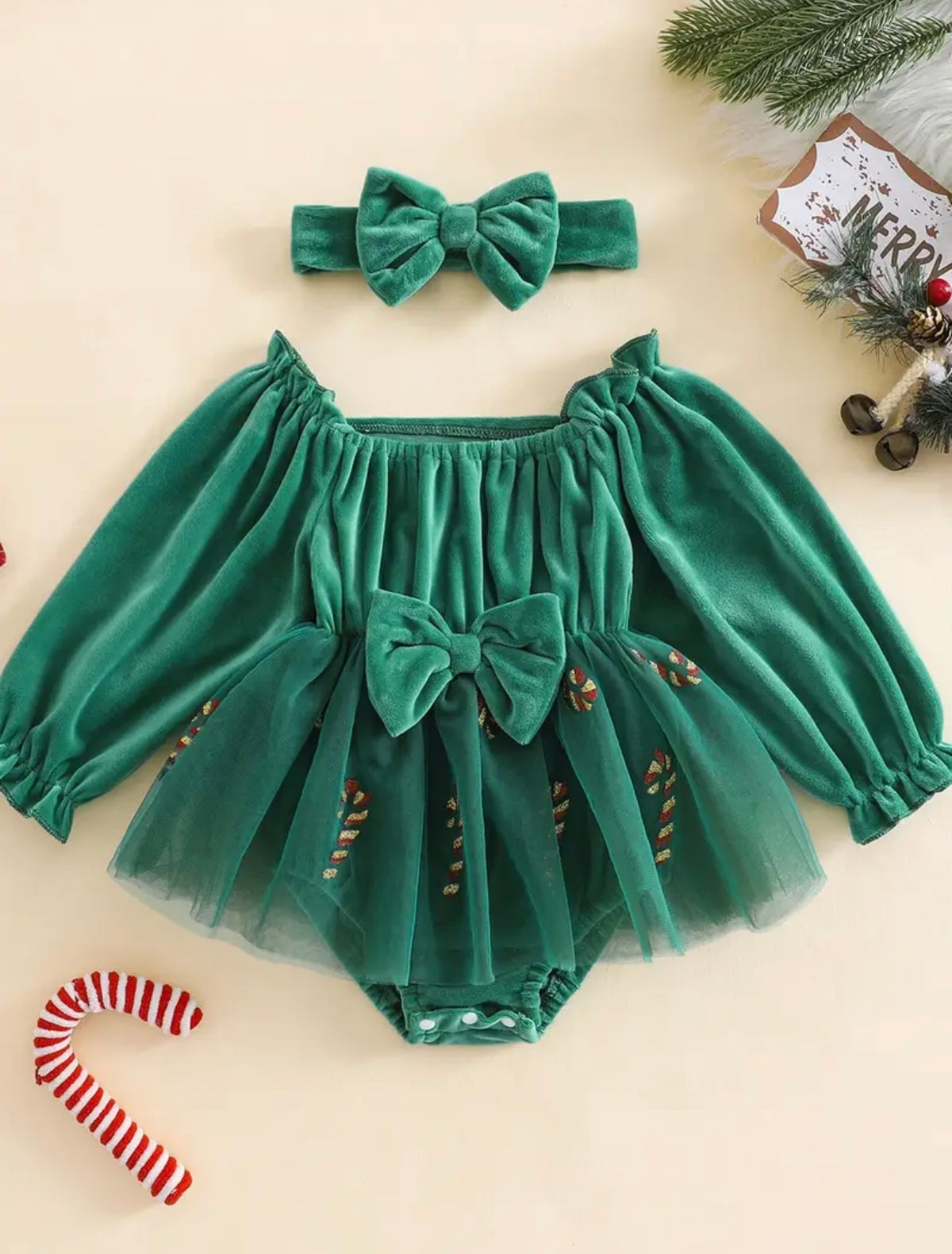 Candy Cane Velvet and Tulle Long Sleeve Romper