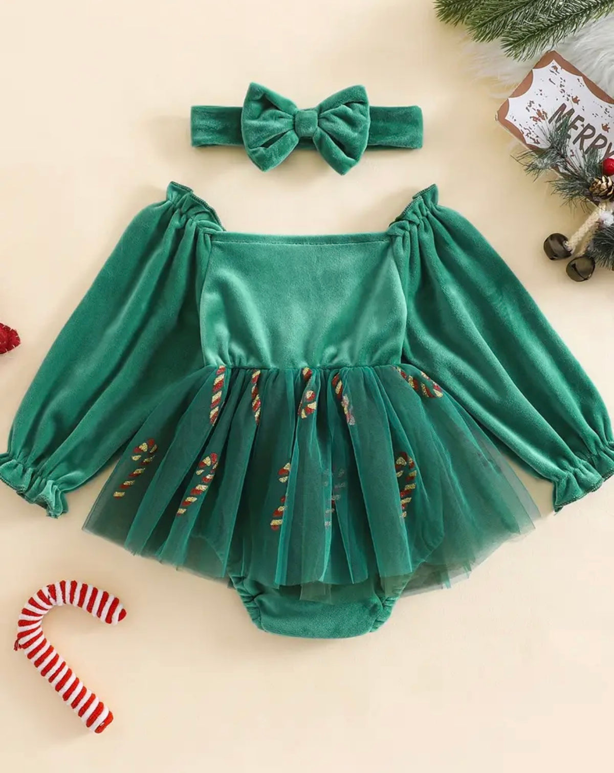 Candy Cane Velvet and Tulle Long Sleeve Romper