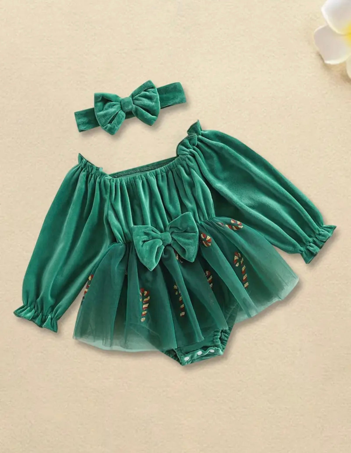 Candy Cane Velvet and Tulle Long Sleeve Romper