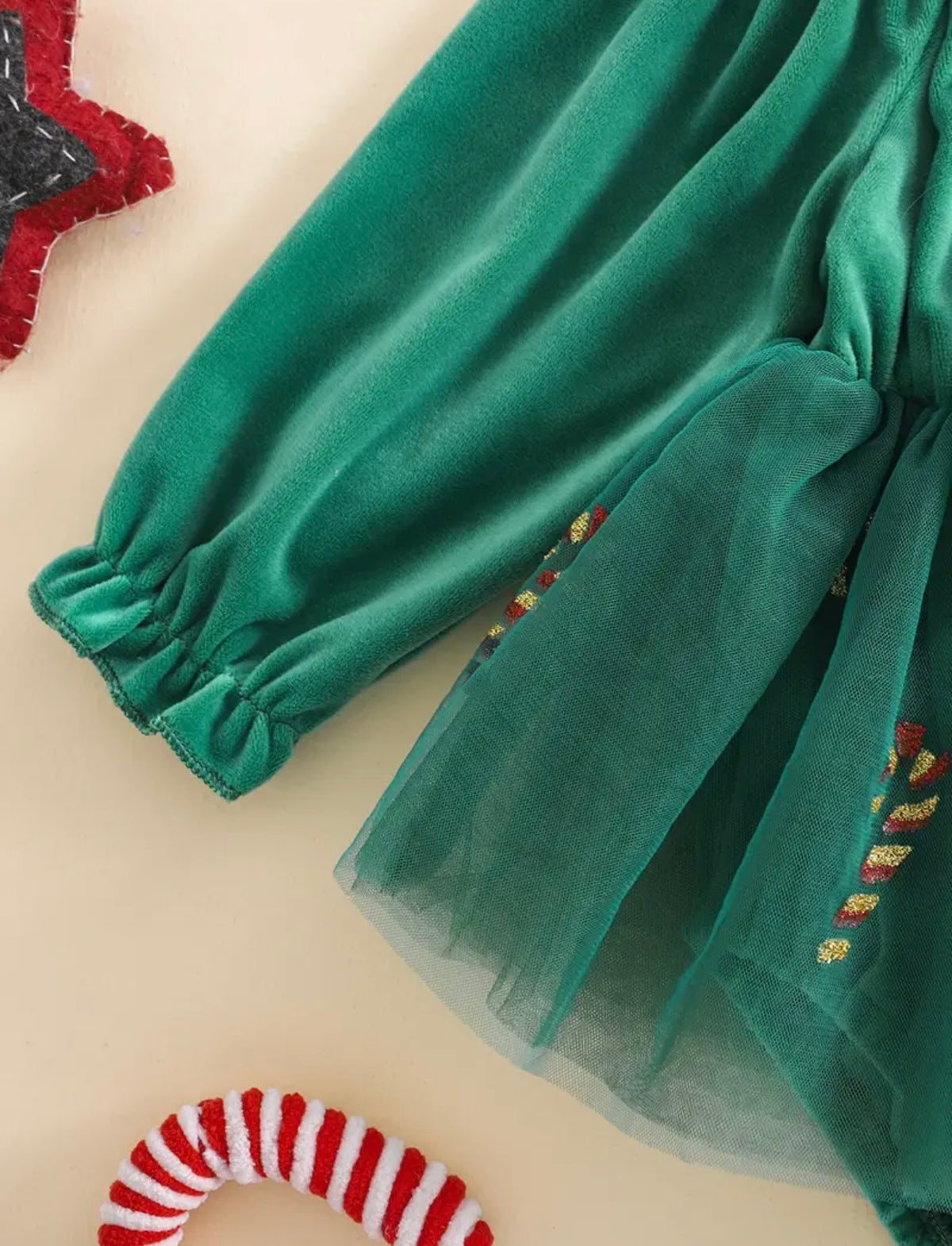 Candy Cane Velvet and Tulle Long Sleeve Romper