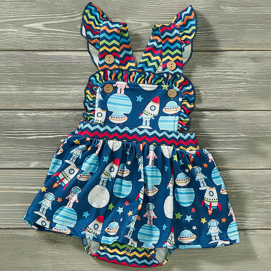 Watch your little girl head to infinity and beyond in this stylish Aliens and friends Girl's Halter Romper! With an out-of-this-world fabric design and multi-hued zig-zag fabric, she'll be the cutest alien in the universe. We love the square ruffle neckline and flutter sleeve!! The elastic waist and snap-up closure add convenience. Is she ready for a galactic adventure? Blast off!