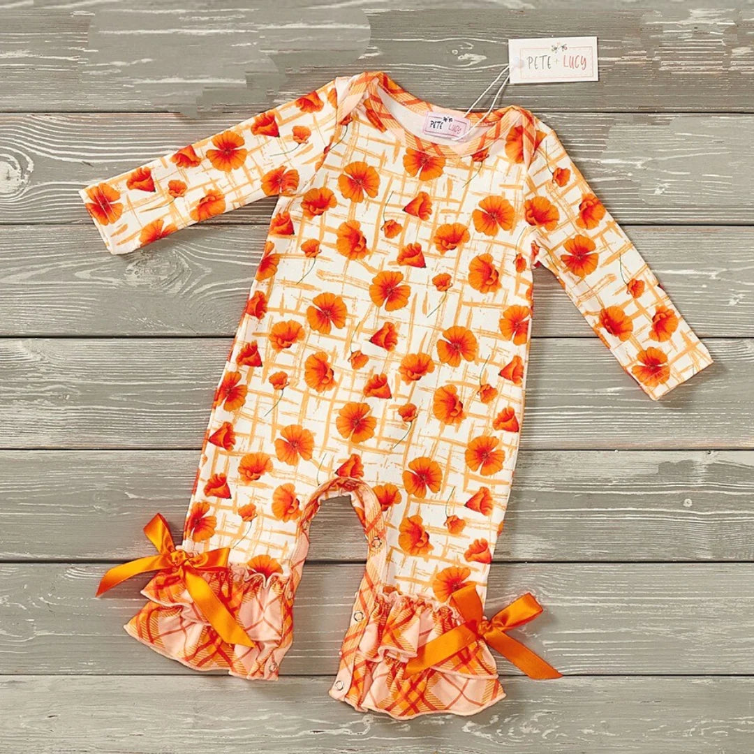 Welcome in the Fall wearing this adorable Poppy Love Girls Infant Romper! This sweet one-piece features a jewel neckline, long sleeves, layered ruffle-hem  and adorable bow accents that will have her looking as precious as a poppy flower. Plus, with the snap-up for easy changing, you'll love this stylish romper as much as she does!