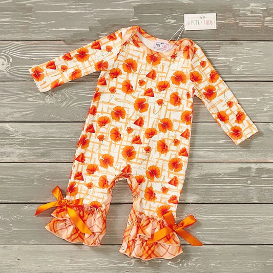 Welcome in the Fall wearing this adorable Poppy Love Girls Infant Romper! This sweet one-piece features a jewel neckline, long sleeves, layered ruffle-hem  and adorable bow accents that will have her looking as precious as a poppy flower. Plus, with the snap-up for easy changing, you'll love this stylish romper as much as she does!