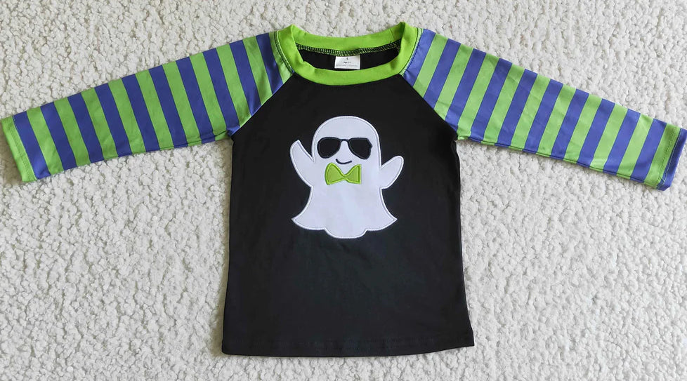 This Ghostly Good Long Sleeve Shirt is perfect for showing off your style. The shirt features an adorable ghost design complete with sunglasses and a green bow tie. The body of the shirt is black in color and the sleeves are purple and green striped.  Easy to pair with any outfit, this shirt will be a favorite this Halloween for sure.