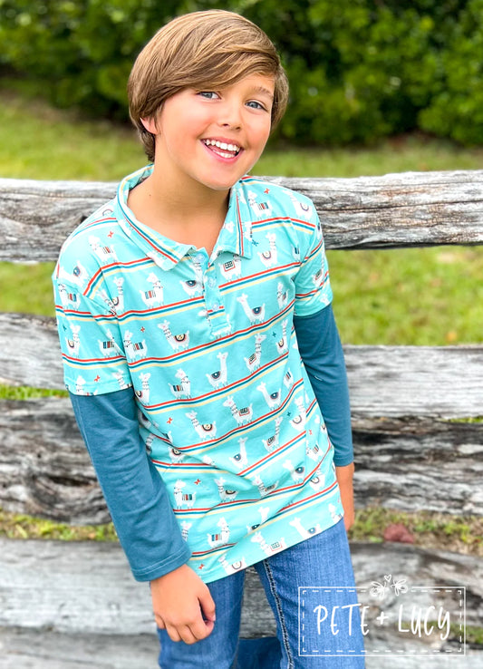 This Happy Llamas Boy's Long Sleeve Shirt will make any llama lover llama-tastically happy! With its multiple llama print fabric, straight collar and contrasting long sleeves, your little one will look as spunky as a llama! Puns aside, it'll make a great addition to any outfit.