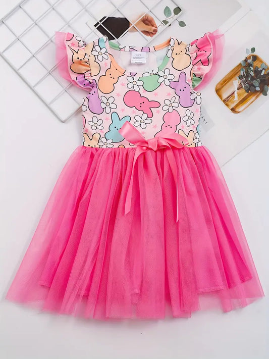 This dress makes spring even sweeter with its adorable peep pattern top and pink tulle skirt. The flutter shoulder sleeves add a playful touch to this super soft milk silk fabric dress. A satin bow gives it the finishing touch. (Peep it out and love it forever!)