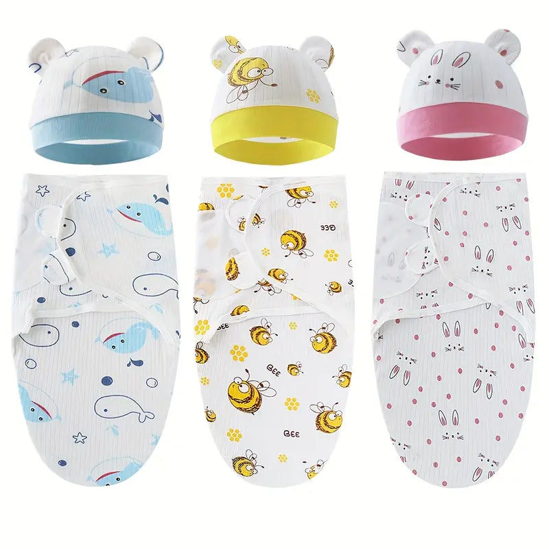Wrap your little one in soft, adjustable comfort with our Cotton Swaddle 2-Piece Set. Featuring adorable prints of whales, bees, and bunnies, this set includes a matching hat for extra cuteness. Perfect for newborns up to 6 months, it's an essential for any parent.