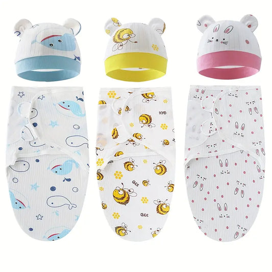 Wrap your little one in soft, adjustable comfort with our Cotton Swaddle 2-Piece Set. Featuring adorable prints of whales, bees, and bunnies, this set includes a matching hat for extra cuteness. Perfect for newborns up to 6 months, it's an essential for any parent.