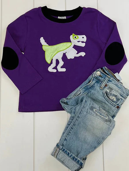 This Dinosaur skeleton Long Sleeve Shirt is perfect for dressing up your casual wardrobe! With an adorable applique of a dino-skeleton dressed in costume, this deep purple long sleeve t-shirt with black elbow patches and a black collar is sure to be a show-stopper! 