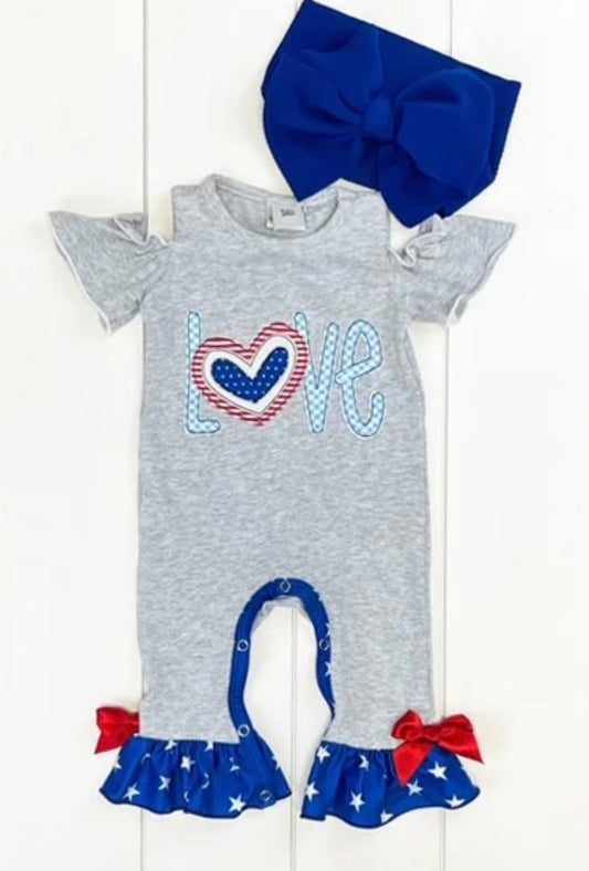 Show off your patriotism and style with this cute Love in the Red White and Blue romper! With a playful cold shoulder, delicate love applique on the chest, and blue sand white star-printed fabric on the ruffle around the hem, this is the perfect outfit for your little patriot! The red satin bows at the ankles put the icing on the cake! Snap bottom lets you easily get in and out of it (hooray!).