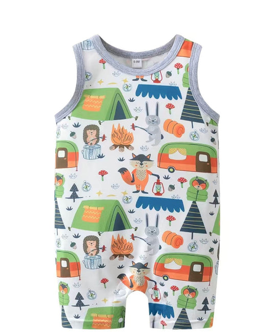 Explore the wild in comfort and style! Our Little Camper infant romper is perfect for your adventuring tot with its super-cute cartoon animals, campers, trees and tents printed on soft, breathable fabric. Snaps at the crotch make changin' a breeze - no more unzippin' needed. Ready, set, wander!