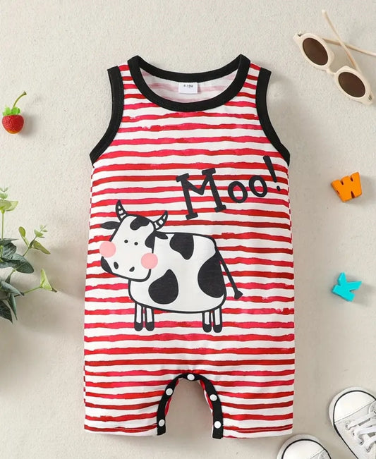 Moove over boring baby clothes, this Moo-cow sleeveless romper is udderly adorable! Featuring a playful cow graphic, red and white stripes, and a snap closure for easy diaper changes. Perfect for your little calf to play and romp in style!🐄🥰