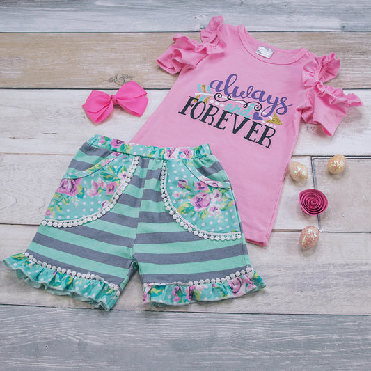 Southern Sweet- Always and Forever short set. Cold shoulder ruffle sleeve top, elastic waist 2 pocket shorts with leg ruffle. So sweet we could just eat you up!!