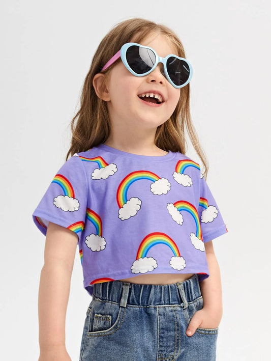 The sky is the limit for your little treasure in this beautiful light purple crop top with multi rainbow and cloud design. Pair it with jeans, shorts, a skirt etc... for a perfect look for any occasion. 