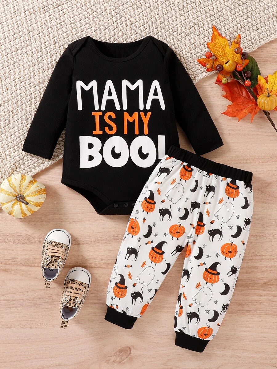 No mama can resist this darling Halloween slogan graphic long sleeve onesie and spooky print pant set! A must have addition to your munchkin's wardrobe this season. This 2-piece set is so charming, their cuteness is sure to haunt you for days! Make sure their look is spook-tacular this Halloween season.