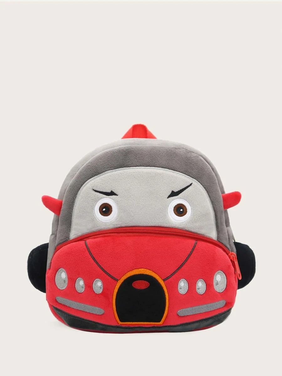 Red, black and gray plush car backpack with adjustable straps