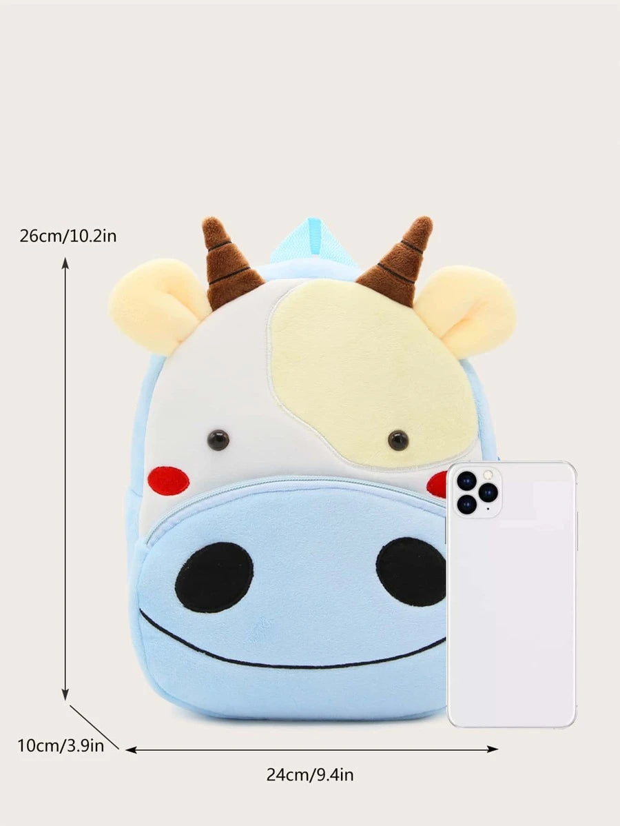 Adorable plush cow backpack in light blue and light yellow with ears and horns.