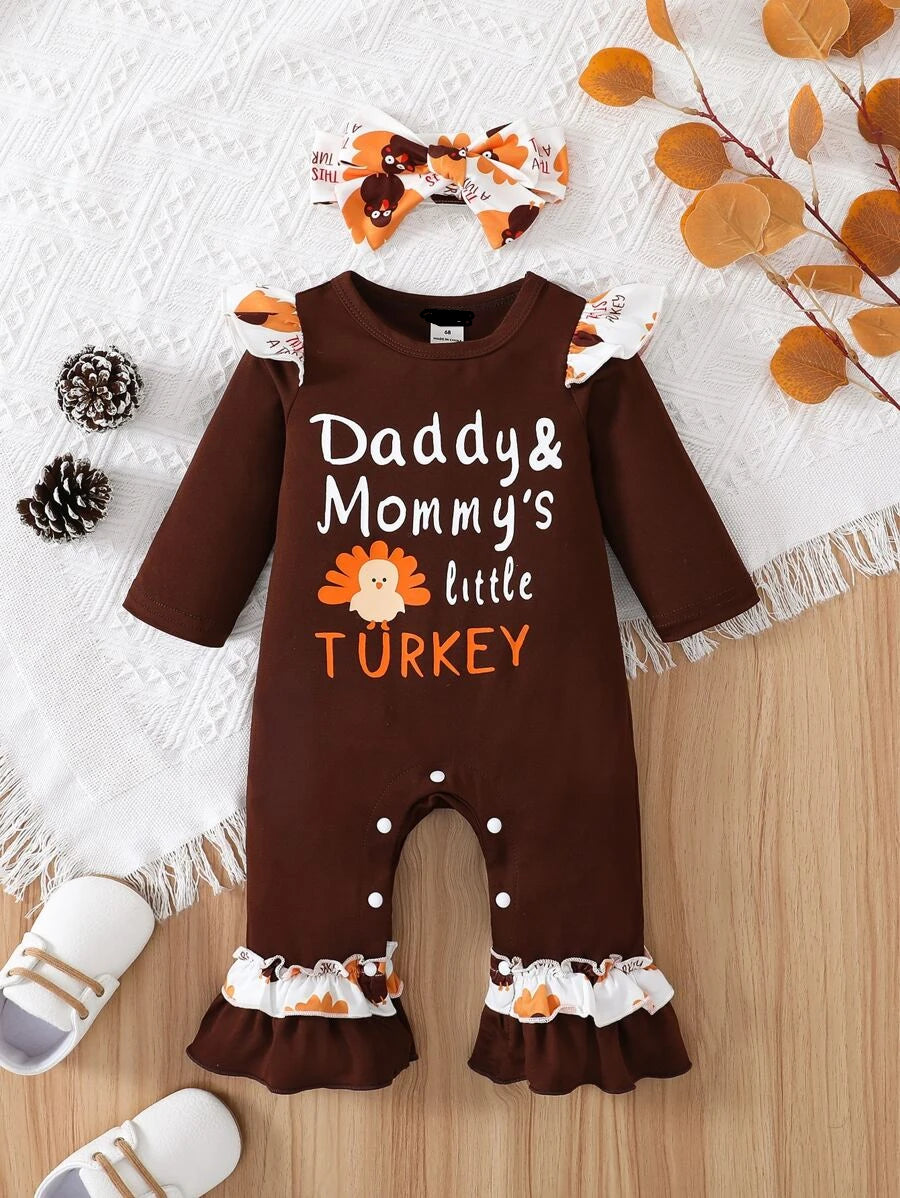 Think about how awesome Thanksgiving will be when your sweet little "turkey" is wearing this super cute romper with adorable ruffle turkey print on the shoulder and ankle. A definite must for the holiday!!